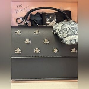 Betsey Johnson Black Satchel with Skull Accents